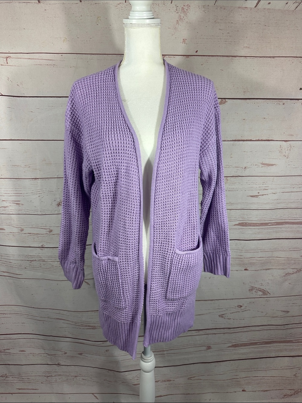 Open-Front Lilac Waffle Knit Cardigan with Pockets